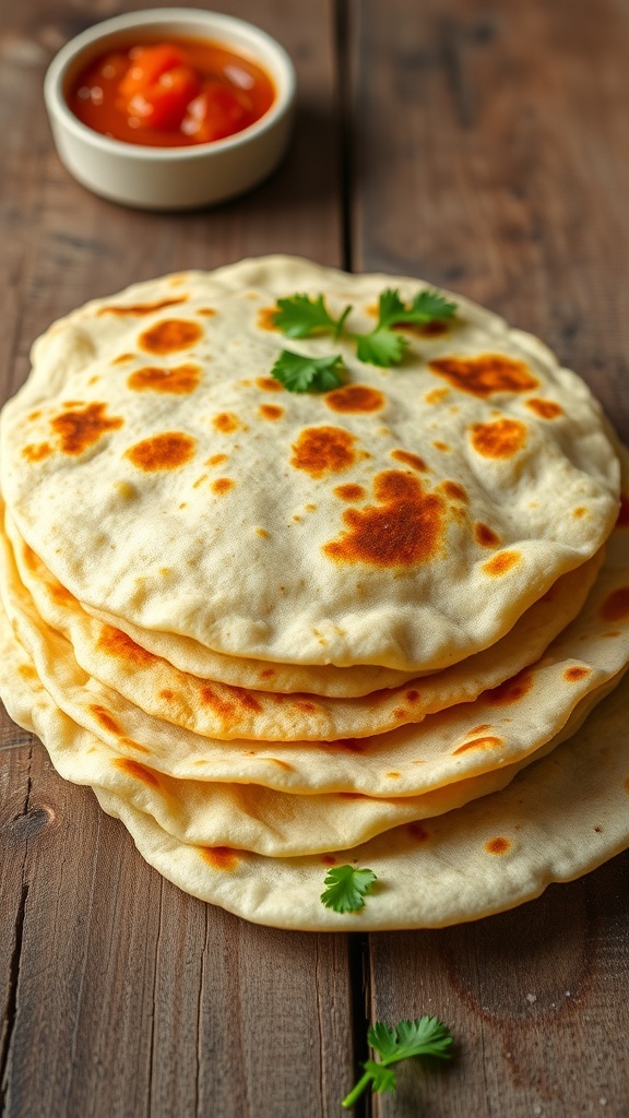 A stack of warm homemade tortillas on a wooden table with salsa and cilantro.